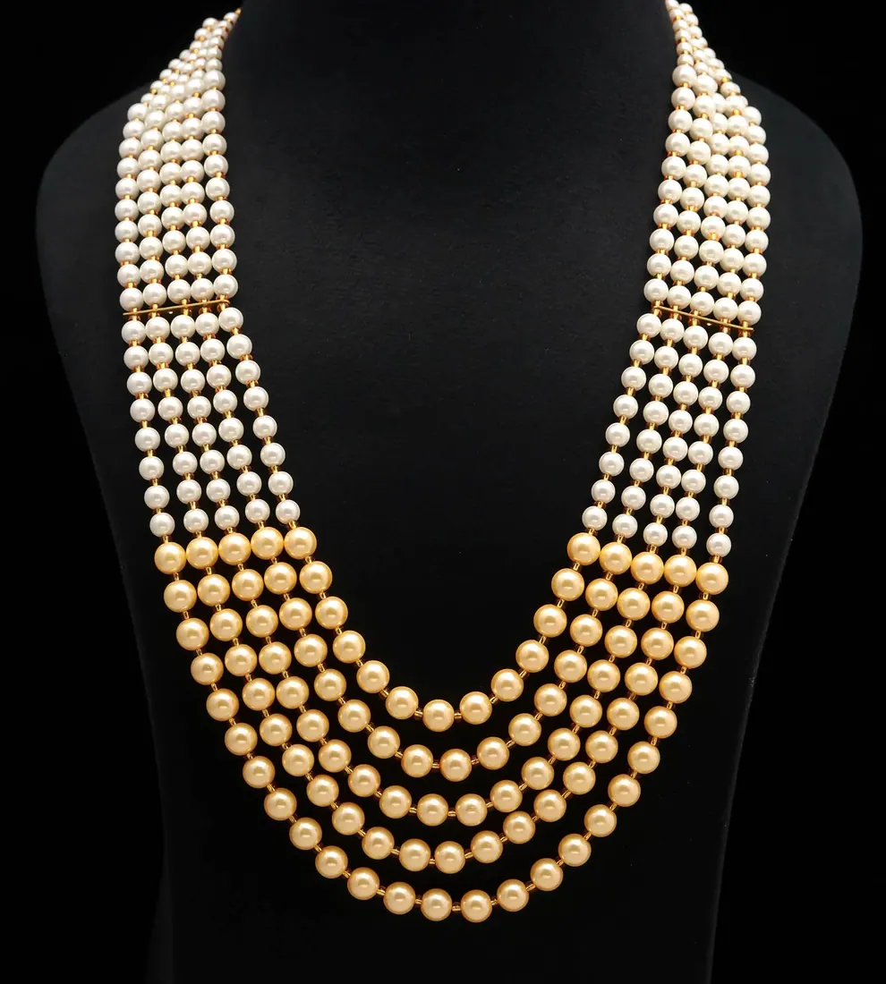 Ivory & Gold Pearl Five-Strand Groom Mala