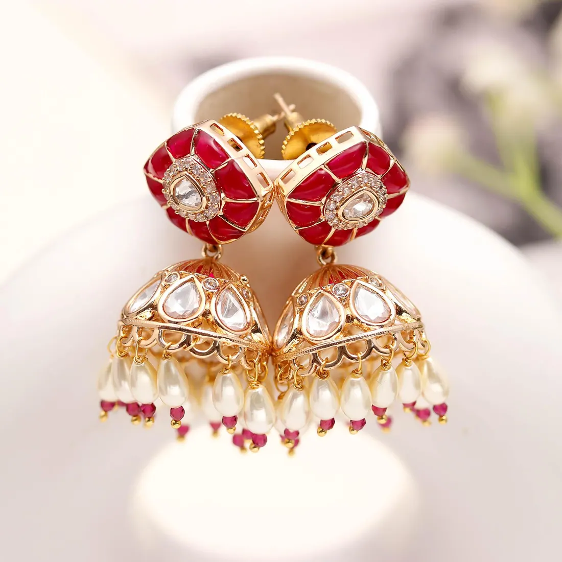 Ruby Enamel Kundan Jhumka