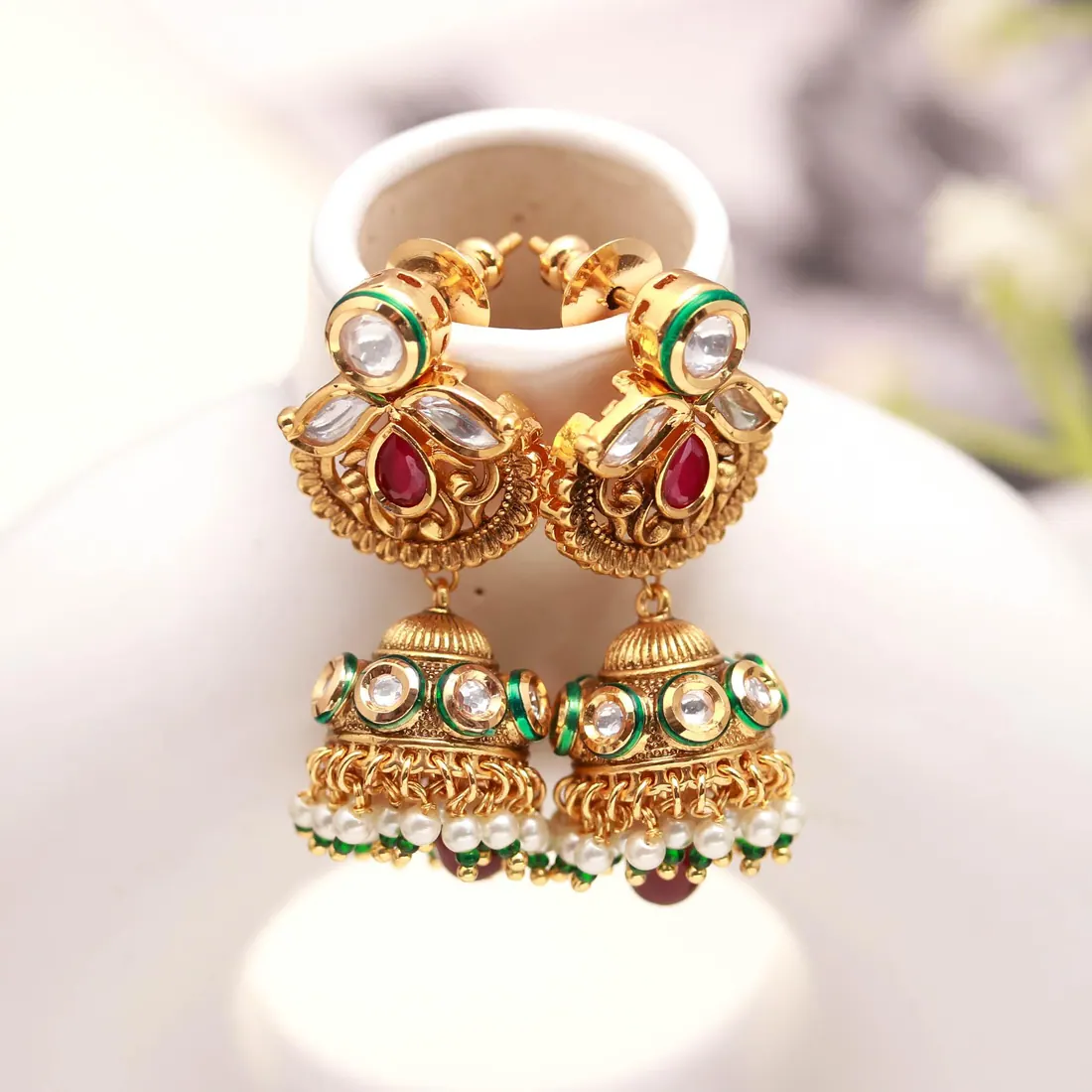 Temple Kundan Jhumka with Ruby Drops