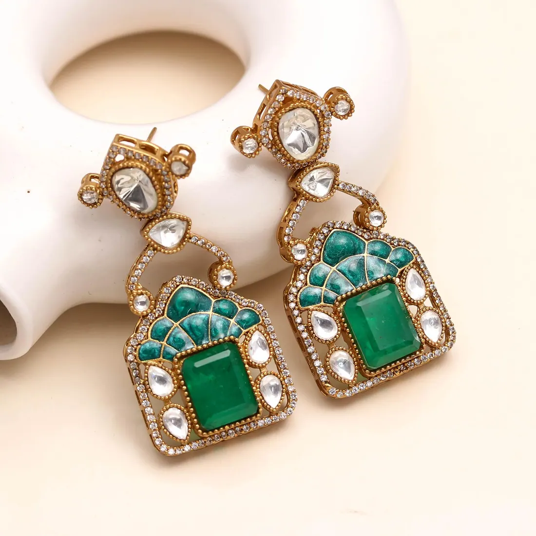 Emerald Meenakari Drop Earrings