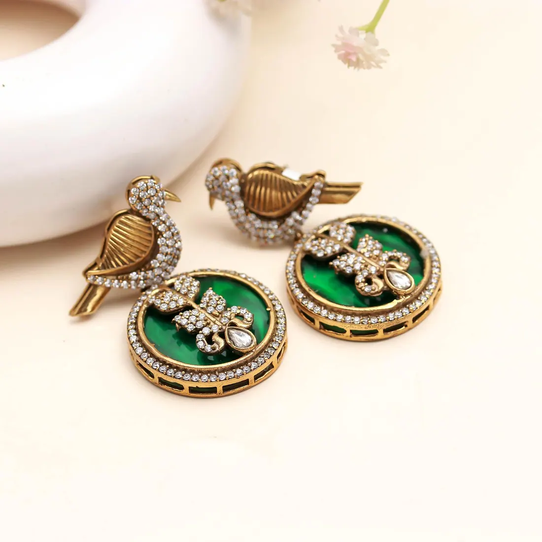 Bird & Emerald Disc Earrings